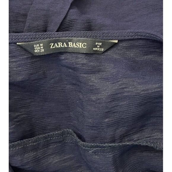 Zara Basic Medium Tie Waist Gold Zipper Dress Navy Blue Sleeveless Side Slits - Picture 5 of 6